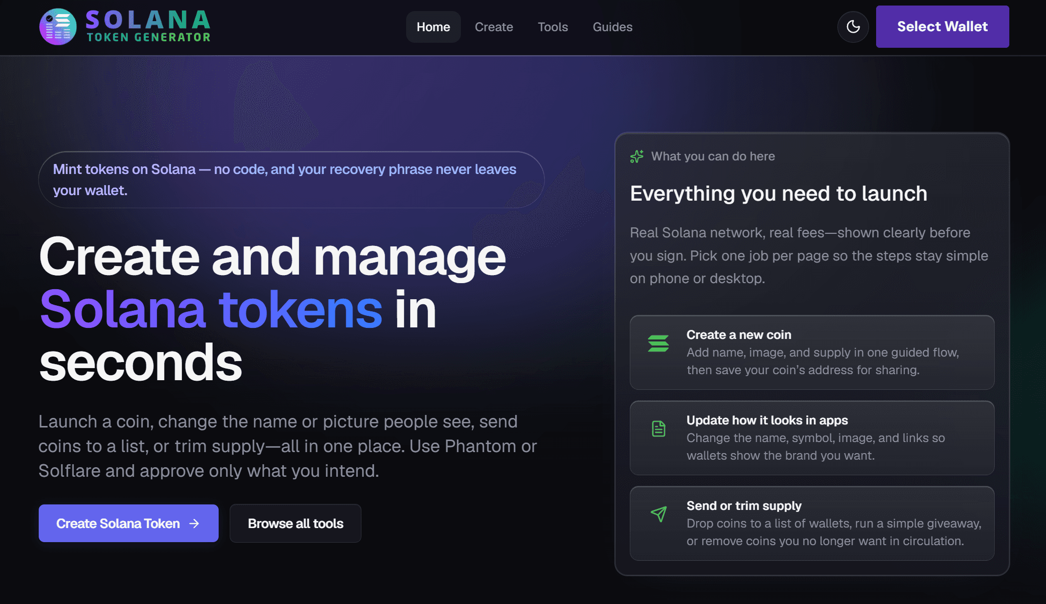 Solana Token Generator web application showing the token creation flow
